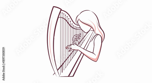 Minimalist line art of a person playing a harp, featuring warm earth tones on a white background