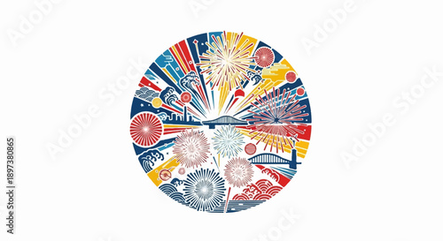 Vibrant circular illustration depicting fireworks over a city skyline and bridge, with waves