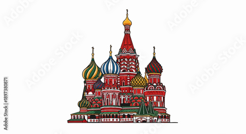 Detailed illustration of a vibrant, multi-domed cathedral with striking colors and unique architecture