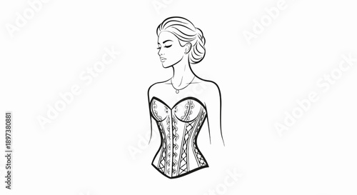 Elegant line art illustration of a woman with an updo hairstyle and necklace, wearing an ornate corset