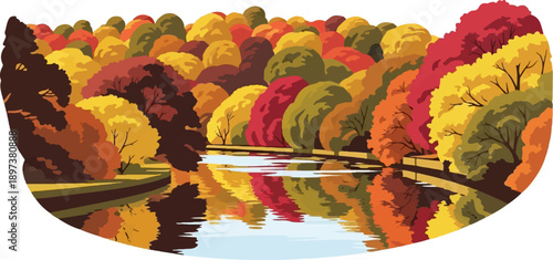 Vibrant autumn forest alongside a calm river, colorful trees reflecting in the water, serene landscape