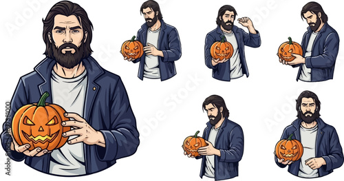 Pixel art illustrations of a bearded man holding a carved jack-o'-lantern in various poses