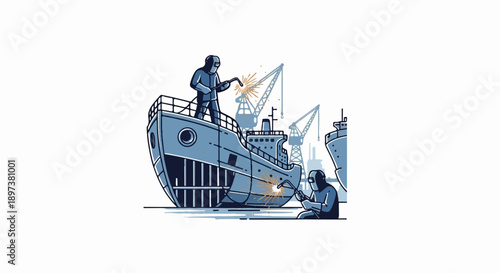Illustration of workers in welding masks repairing large ships at a shipyard with cranes in the background, showing sparks