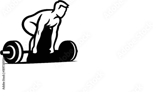 Black and white graphic illustration of a person performing a deadlift or weightlifting exercise with a barbell