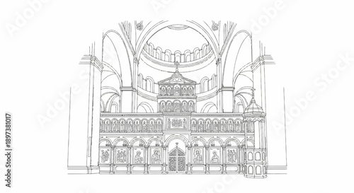 Detailed line art of a grand Byzantine-style church interior, featuring an ornate iconostasis and domed ceiling