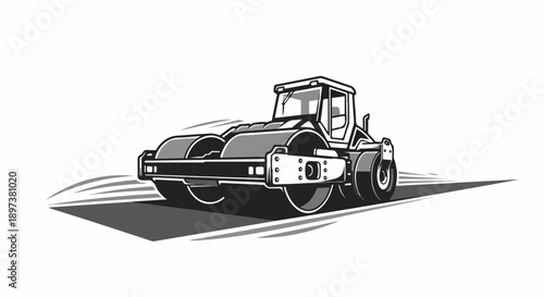 Illustration of a heavy-duty road roller, a construction vehicle used for compacting surfaces, shown in monochrome with motion lines