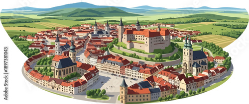 Detailed pixel art overhead view of a charming medieval town with a castle, church, and red-roofed buildings