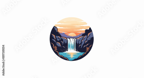 Pixel art illustration of a serene waterfall cascading into a reflective pool at sunset, framed by rocky cliffs