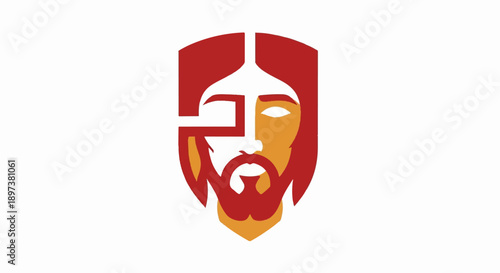 Stylized graphic of a bearded man's face, resembling a religious figure, in red and gold within a shield