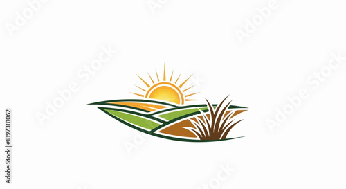Stylized graphic of rolling agricultural fields with crops, a radiant sun, and a cluster of grass