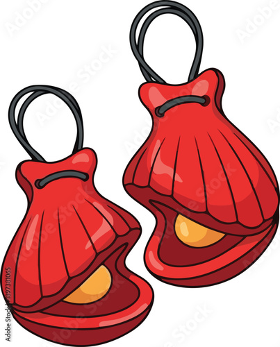 Illustration of red clamshells with golden pearls inside, hanging from black loops, against a clean background, viewed from a straightforward angle