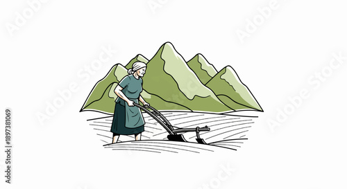 An old woman manually plowing a field with mountains in the background, vintage farming scene
