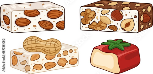 An assortment of sweet confectionery bars, some with nuts like almonds, walnuts, hazelnuts, and peanuts