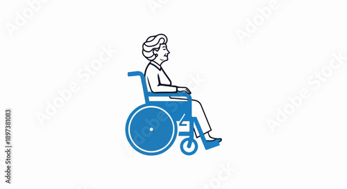 An older person with styled hair sits in a blue manual wheelchair, depicted in a simple side profile illustration