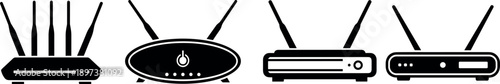 Set of Wireless Wi-Fi Router Icons with Multiple Antennas for High Speed Internet Network Connectivity and Modern Home Office Technology