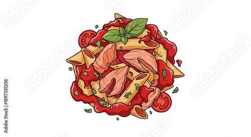 An appetizing illustration of penne pasta with salmon, vibrant red sauce, tomatoes, and basil leaves