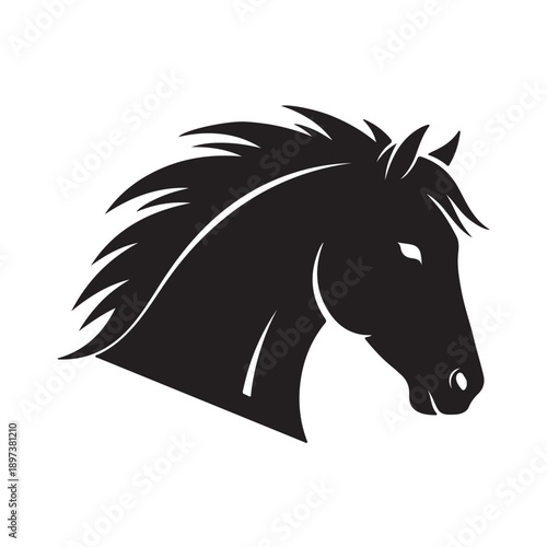 A wild black stallion mustang head silhouette vector illustration featuring a stylized mane and equestrian art design for a farm animal tattoo or nature symbol