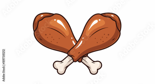 Two glossy, cartoon-style browned chicken drumsticks with exposed bones, crossed on a white background