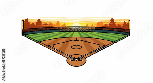 Illustration of a baseball field with a sunset sky and trees in the background, showcasing the diamond