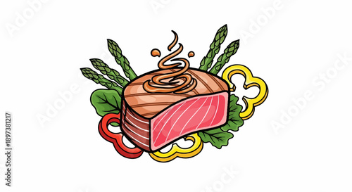 Colorful illustration of seared steak with sauce, surrounded by asparagus, spinach, and bell peppers