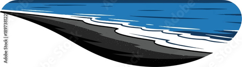 Stylized illustration of a dark sandy beach meeting a vibrant blue ocean with foamy white waves under a vast sky