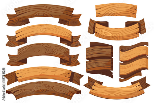 Collection of wide wooden banners and ribbons, including straight and curved variations, flat vector style.