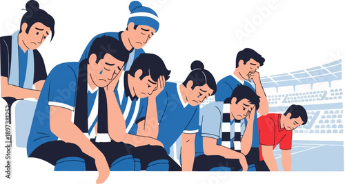 Illustration of dejected male sports fans in a stadium, looking sad and some crying, after a loss