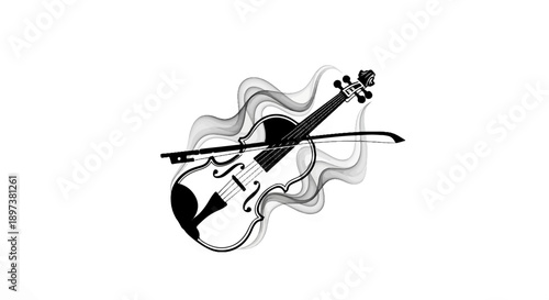 Black and white graphic illustration of a violin and bow with wavy, abstract sound-like elements