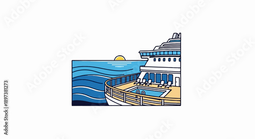 Stylized illustration of a cruise ship deck with a swimming pool, chairs, ocean, and sunset