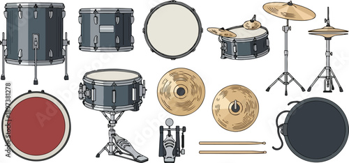 Assorted drum kit components and cymbals arranged neatly on a white surface from a top-down viewpoint