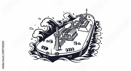 Detailed black and white illustration of a large tanker ship sailing through turbulent ocean waves