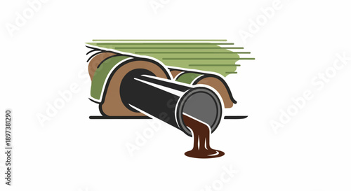 Illustration of a large pipe emerging from the earth, discharging dark, murky liquid onto the ground
