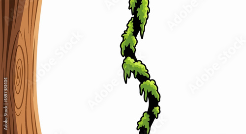 Cartoon illustration of a brown tree trunk on the left and a winding green vine with leaves on the right