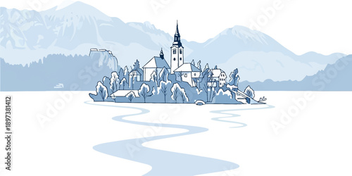 Stylized illustration of an island with a church spire and houses on a calm lake, surrounded by mountains