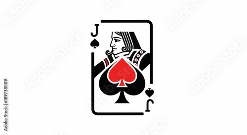 Stylized graphic of a Jack of Spades playing card with a black and red design on a white background