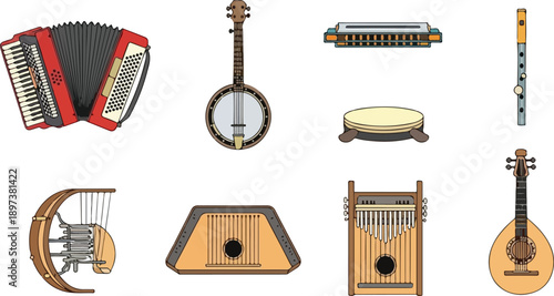 Collection of traditional musical instruments on display showcasing various cultural heritage and historical significance
