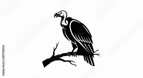 Black and white graphic illustration of a vulture perched on a tree branch, facing left, vigilant