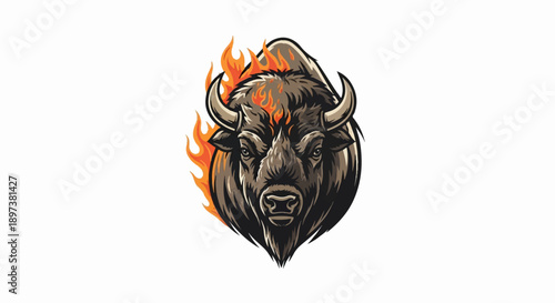 Stylized illustration of a powerful bison head with fierce orange flames rising from its back and horns