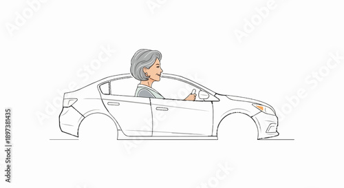 An illustration of a smiling older woman with gray hair driving a white car outline, missing its wheels