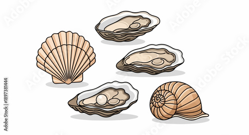 Illustration of marine shells scallop, opened oysters (one with a pearl), and a spiral snail shell on white