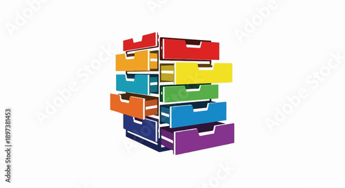 Stack of colorful, slightly open drawers in an abstract, organized, storage-like illustration