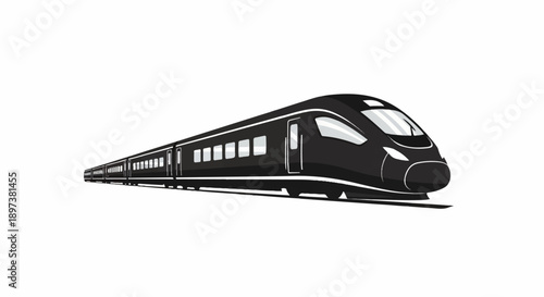 Sleek, modern black bullet train illustration with multiple carriages on a white background, side view