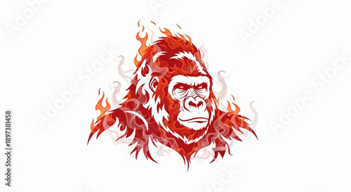 An angry gorilla's head illustration, rendered with dynamic red and orange flames and smoke on white