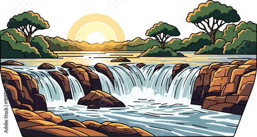 Vibrant pixelated nature scene featuring a multi-tiered waterfall cascading over rocks at sunset, with trees
