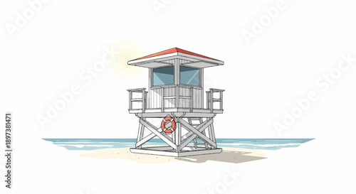 Cartoon lifeguard tower on a sandy beach with ocean waves under a sunny sky, a simple coastal illustration
