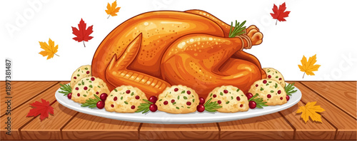 Cartoon roasted turkey on a white plate with stuffing and cranberries, on a wooden table with autumn leaves