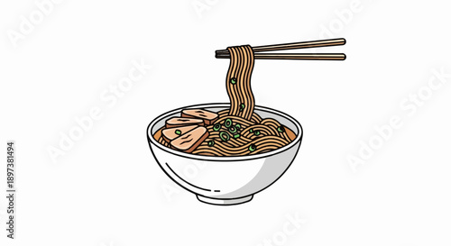 Illustration of a bowl of noodles with meat slices and green onions, chopsticks lifting some noodles