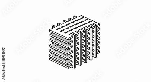 Isometric view of a stack of parallel gray plates with connectors and top slots, on white background