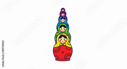 Five colorful nesting dolls, varying in size, stacked vertically on a white background in a cheerful illustration