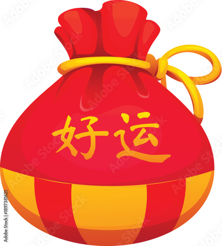 Chinese fortune pouch, lucky money bag, Asian happy wallet with golden coins. Vibrant red silk packet tied with a golden rope. Cartoon vector icon for Lunar New Year designs, Asian holiday gifts